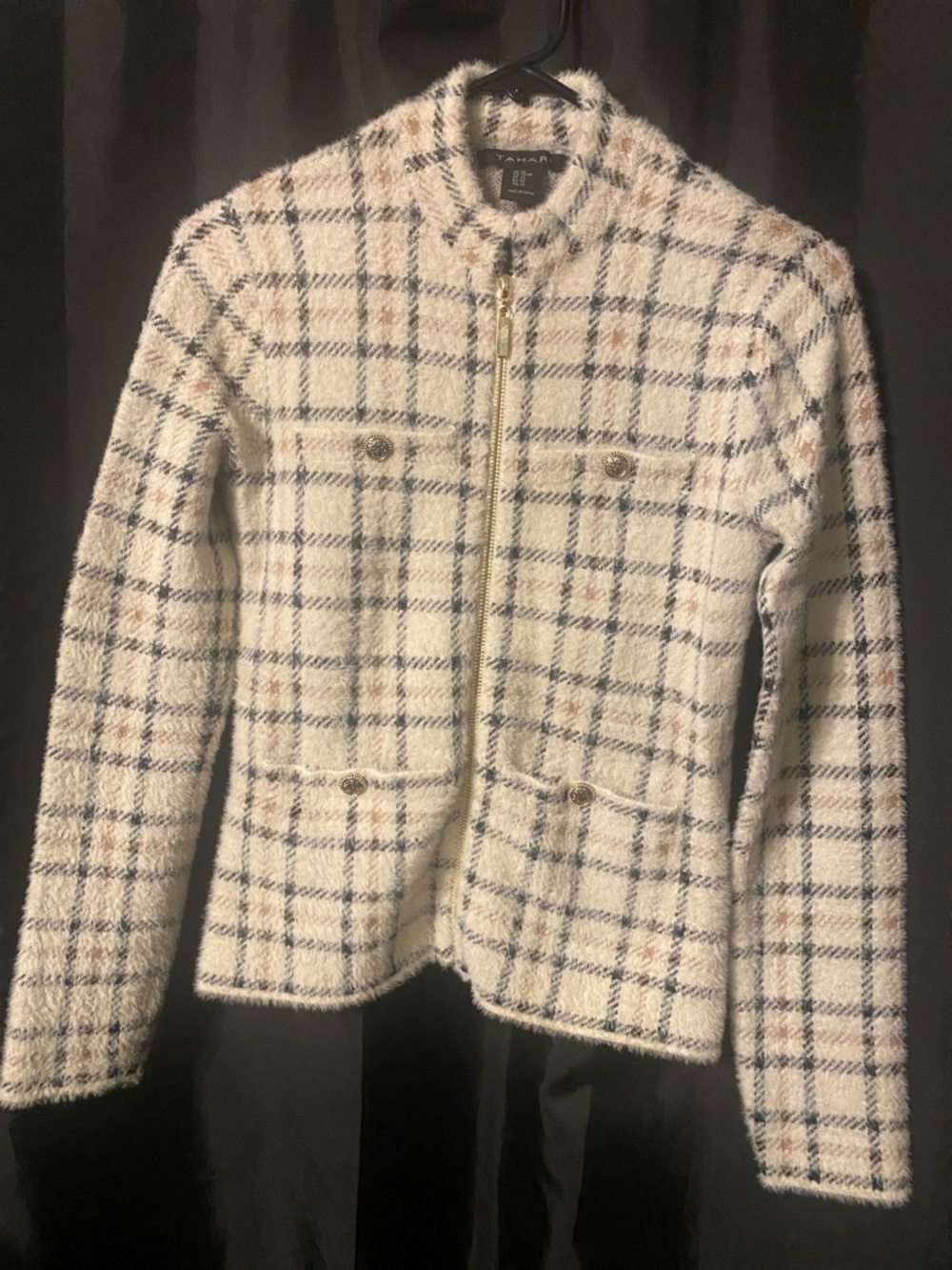 Tahari Cream Plaid Tweed Zip-Up Jacket with Navy and Tan Windowpane